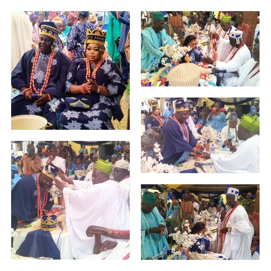 373heb2n8957941653179427748 HRM, Oba Mudashiru Ajibade Bakare-Agoro, Ranodu of Imota, installed Chief Tajudeen Adekoya as Aremo Oyemade and his wife, Chief (Mrs) Olawunmi Adekoya as Yeye Aremo Oyemade of Imota land on the 28th of May 2022. The installation which seized place at the palace of the Ranodu of Imota land saw traditional leaders from across Lagos state gracing the auspicious induction. Chief Tajudeen Adekoya is a well known philanthropist and chief operating officer of the famous Admos Hotel and Suites in Imota LCDA. Amongst traditional rulers present include; the Alaketu of Ketu, Oba Adeshina Akanni Aderomola, Oba Aderigbigbe Asumo of Odo ayandelu Kingdom (Agbowa), Oba Kazeem Gbadamosi, Ologijo of Ogijo, Olotu Omoba of Imota, Prince Tajudeen Adegboyega, members of the country club of Imota, members of Rotary club Imota etc.
