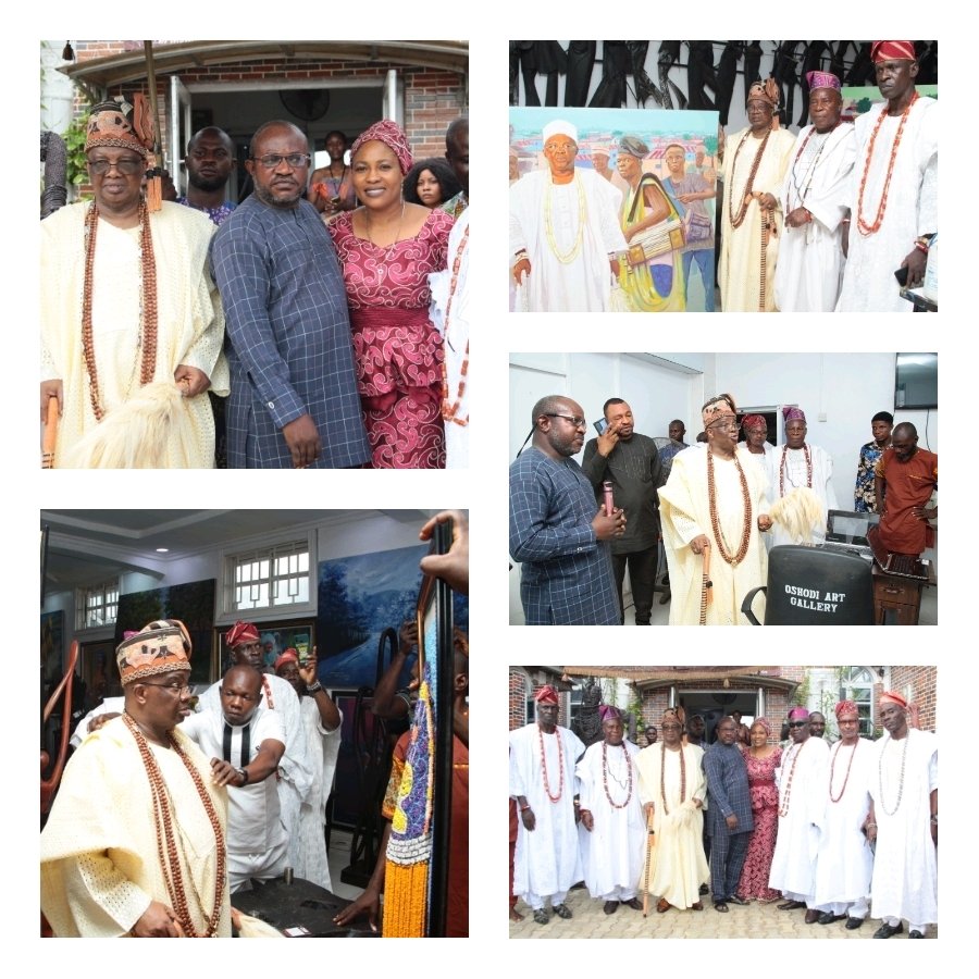 733bbenwmm8758610489081407900 Paramount ruler of Ikorodu, Oba Kabiru Adewale Shotobi (Adegorushen V) on Friday, 20th of May 2022, visited the Oshodi Arts promenade.
The Ayangburen of Ikorodu Kingdom ably chaperoned by his council of Baales took an extensive tour of the 2nd largest art collection centre in Nigeria, which is based in Ikorodu.
Wowed by the masterwork that housed over 17,000 art anthologies that range from paintings, sculptures, ceramics and many more, Oba Kabir Adewale Shotobi in his joyous reaction, proclaimed the Art collection centre a blessing not only to the entire Ikorodu division but to Nigeria at large.
Observing art enthusiasts being educated by the sculpture centre, the King reacted, "I've been hearing about this art centre in Ikorodu, and today, I decided to come myself and have a first hand visual of what the centre harbours"
"It is more than an art centre, this is an institution because it doesn't only train students aspiring to be art professionals, it entrusts them to be established in the industry, created joy opportunities in the process"
"We have so many youths who've not gotten to the crossroad of making life determinations, this sector has a lot to offer and channelling the inklings of youngsters towards the creative realm like this is a good niche cultivated by this organisation".
"I must give kudos to (Dr Oshodi Paul) the CEO of this organisation, and I want to let him know that the door is officially opened for him to work with our office on every necessary measure to help develop the ed Ikorodu division via his medium" "I am glad such a huge agency has come to stay in Ikorodu during my reign over this great region of ours" the Ayangburen of Ikorodu kingdom expanded
Dr Oshodi Seyi Paul (CEO of Oshodi Arts Gallery), in excitement after taking the king on a substantial tour through the different studio sessions of the gallery, elucidated the concept of the centre to the king.
Dr Oshodi Paul continued, the relationship between arts and culture goes hand in hand, that's why we're very happy to have the Ayangburen of Ikorodu kingdom accepting our invitation to come and see what we're doing in Ikorodu through Art".
"We train, orientate, empower and direct their crafts, this has made us the go-to art master crafts in all of Lagos and Nigeria".
"We're sure through synergy with the office of His Royal Majesty, there are many ways we'll impact this region, that's why we prepared ourselves to have the king of this region come and see what we've had to offer the waterbed land, and are sure he's convinced of our capacity today".
The King was subsequently presented with an honorary painting gift of himself courtesy of Oshodi Arts Gallery to commemorate his visit to the gallery.