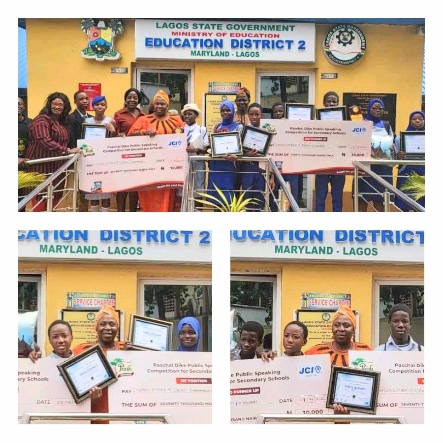 38383jennnnmm7E21855060880571699768. Students of Oriwu Senior Model College, Ikorodu; Eva-Adelaja Girls Senior Secondary School, Bariga & Immaculate Heart Comprehensive Senior High School, Maryland massively dominated the 2022 Pascal Dike Public Speaking Competition with high flying performances.
Onafusi Esther & Okolo Emmanuel (Oriwu Senior Model College, Igbogbo, Ikorodu) Emerged Overall Winner, Dada Opemiposi & Gbadamosi Tinuola (Eva-Adelaja Girls Senior Secondary School, Bariga) came 2nd, & Dawodu Mutiat & Agbato Folabomi (Immaculate Heart Comprehensive Senior High School, Maryland) clinched the 3rd spot respectively.
Junior Chambers International/Yales organised the annual competition in collaboration with the Lagos State Government.
The students, in the standard 'MyGameChanger' winning spirit in Education District 2 clinched the highly craved prizes.
Oriwu Senior Model College, Ikorodu won the 70k 1st Prize with Cartons of Peak Milk; Eva-Adelaja Girls Senior Secondary School, Bariga & Immaculate Heart Comprehensive Senior High School, Maryland
Immaculate Heart Comprehensive Senior High School won 50k, while Mende Senior Grammar School won 25k.
Mrs Anike Adekanye, the Tutor General/Permanent Secretary of Education District 2, while receiving the winners, appreciated the Governor of Lagos State, Mr Babajide Olusola Sanwo-Olu, for the innovative effects of his T.H.E.M.E.S Agenda on all Lagos State Schools, Staff and Students. She equally appreciated the Honourable Commissioner for Education, Mrs Adefisayo Folasade for her contributions and forward-looking leadership.