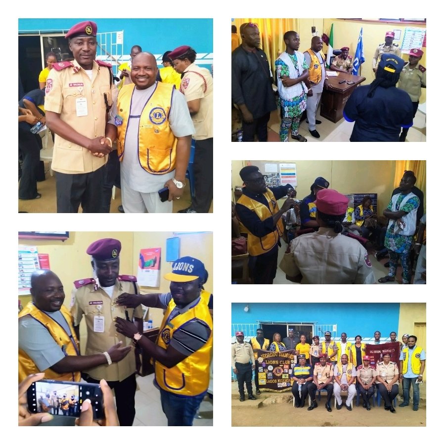 88987yhjjoo2257335159128807895 Members of Ikorodu Diamond Lions club have paraphrased commitment to societal advancement in a brief indebted visit to the Federal Road Safety Corps (FRSC), Ikorodu Command.
Received by the Area Commander, FRSC Ikorodu Area command, Mr James O. Balogun, the stop date on the 10th of August 2022 with members of the voluntary organisation present to demonstrate their support.
According to the club’s President, Lion Akadri Babatunde Adeleke ‘Sayleke’, the meeting was essential to establish an enabling atmosphere for safety personnel in achieving their duties of securing the safety of lives, necessary for societal and business progressions in Ikorodu division.
Lion Sayleke dwelled more on the economic importance of safety feats which he said were inexpensive when correlated to the reserves expended in attending to and recouping from disaster.
Pledging a support synergy with the safety corps to extend their humanitarian deeds as a club, Lion Sayleke added that benevolence can only be directed to living beings.
Amassing the club’s presence, Area Commander, FRSC, Ikorodu, Mr James Balogun, applauded the club for always being committed to the safety and well-being of Nigerians in their consistent service to humanity agenda.
He vowed to ensure the synergy between the corps and club sees the light of day, later soliciting the club to accompany the corps in visiting accident victims.
“What we’re accomplishing today is very vital to human lives in Ikorodu division. People are craved for the economy and certainly for the nation to prosper” Mr Balogun added.
The club later pinned the Area commander with her prestigious clamp, symbolising an affluent relationship ahead.