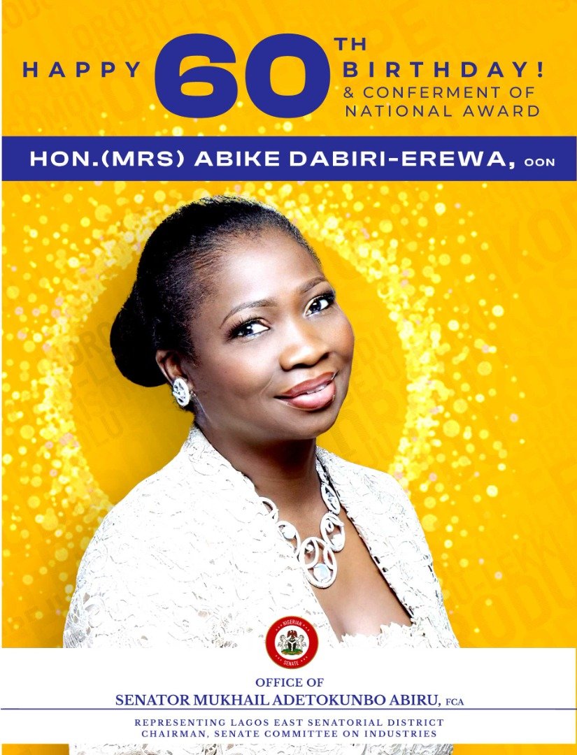img 20221011 wa0000563700421072015311 "On behalf of my family and the good people of Lagos East Senatorial District, I congratulate a great daughter of Ikorodu, the Chairman and Chief Executive Officer, Nigerians In Diaspora Commission(NIDCOM), Hon (Mrs) Abike Kafayat Oluwatoyin Dabiri-Erewa on her 60th birthday which also coincides with her Order Of the Niger (OON)National Award conferment".
"My dear sister, we are extremely proud of your sterling achievements as a public servant. The zeal and passion for excellence you brought to bear when you served our people as member, House of Representatives (Ikorodu Federal Constituency), same vigour is at play at NIDCOM".
"The National Award of OON conferred on you is a further testament and well deserved honour in recognition of the several lives you have impacted positively". "As an accomplished Public Servant, you have become a beacon of hope for many aspiring young girls and ladies in politics and public service".
"Lagosians and Nigerians are indeed proud of your leadership and accomplishments". "Congratulations and best wishes always my dear Sister". "Senator Mukhail Adetokunbo and Mrs Feyisola Abiru".