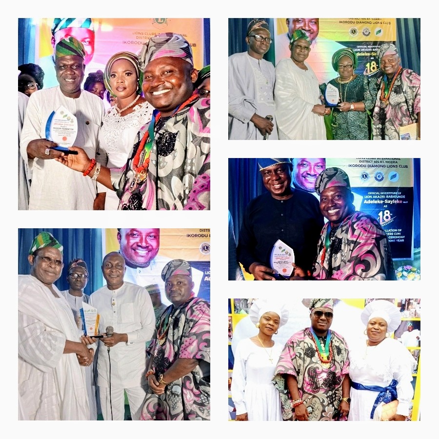 4949j4j4n4n7E2 The prestigious changing of the guard in Ikorodu Diamond Lions Club on the 20th of November 2022 was outstanding for a lot of justifications.
At the high point of the ushered-in leadership via the investiture of Lion Babatunde Akadri Adeleke 'Sayleke', distinct noteworthy characters were awarded based on their positive impact on society to see things improve.
Some were also recognised for their favourable humanitarian services that simply put smiles on the faces of people.
Recipients of Awards decoration include; Wadesh Foundation (presented to the Executive Chairman of Ikorodu Local Government, Hon Wasiu Ayodeji Adesina), iCare Foundation (presented to its D.G, Mayor Deen Sanwo-Ola), Omituntun Care Foundation, and Elizabeth Ebun Dynamic Widows Empowerment Foundation.
Others encompass, Solid Global Foundation, Lion Dr & Dr Mrs Aypdele Ajayi (Ajayi Medical Centre), Lady Evang R.A. Babarinde JP., Lion Engr HOB Lawal PID and Lion Anogwi Anyanwu, District Governor 404A1.