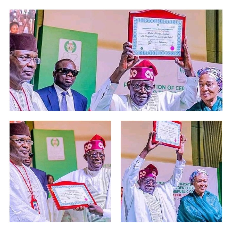 PHOTOCAP: ASIWAJU BOLA AHMED TINUBU RECEIVES CERTIFICATE OF RETURN FROM INEC ®™√ INN Nigeria ©